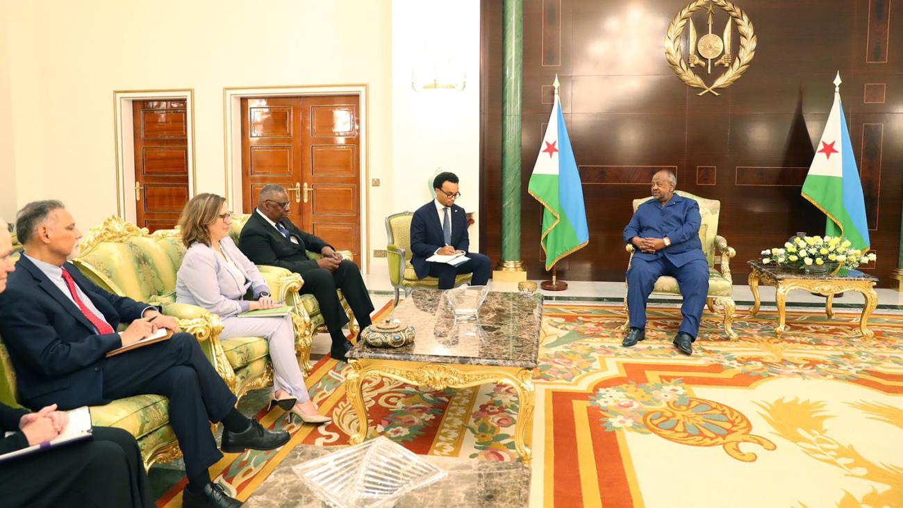 Ruben Murray '19 provides interpretation for a meeting between the Djibouti president and the U.S. Secretary of Defense.