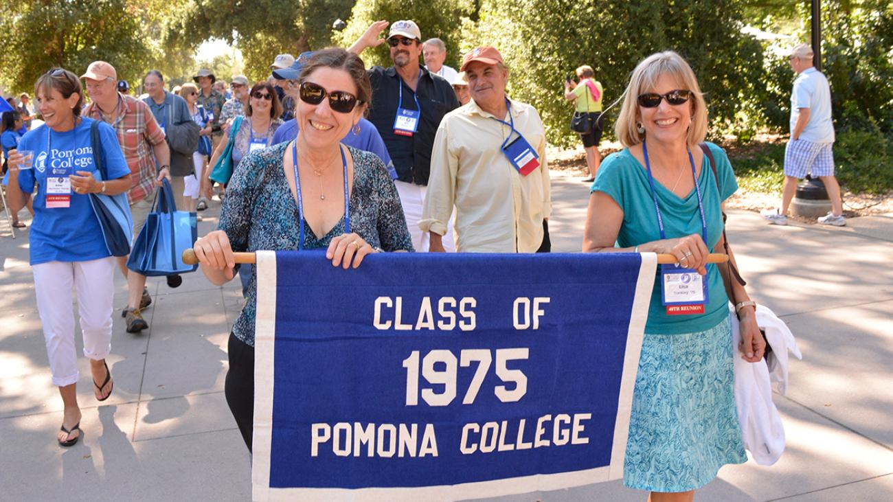 Alumni from the Class of 1975 at Pomona College in the Alumni Weekend parade of classes