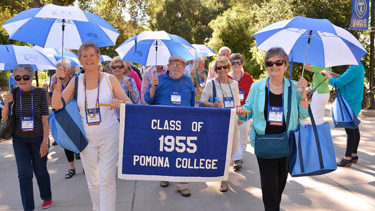 Class of 1955 marching in the parade of classes at Pomona College Alumni Weekend
